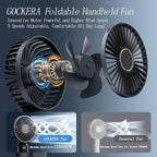 GOCKERA Portable Fan, 4200mAh Battery Operated Fan, 5 Speeds&Digital Display, Makeup Fans for Women with Base, 180°Foldable 3in1 Handheld/Neck/Desk Fan for Outdoor Indoor,Ultra Quiet (Black white)
