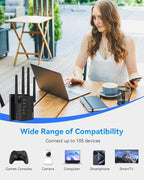 WiFi Extender Signal Booster, 1200Mbps WiFi Booster, Long Range up to 12880 Sq Ft, 105 Devices, 2.4/5GHz Internet Extender WiFi Booster with Ethernet Port(Black)