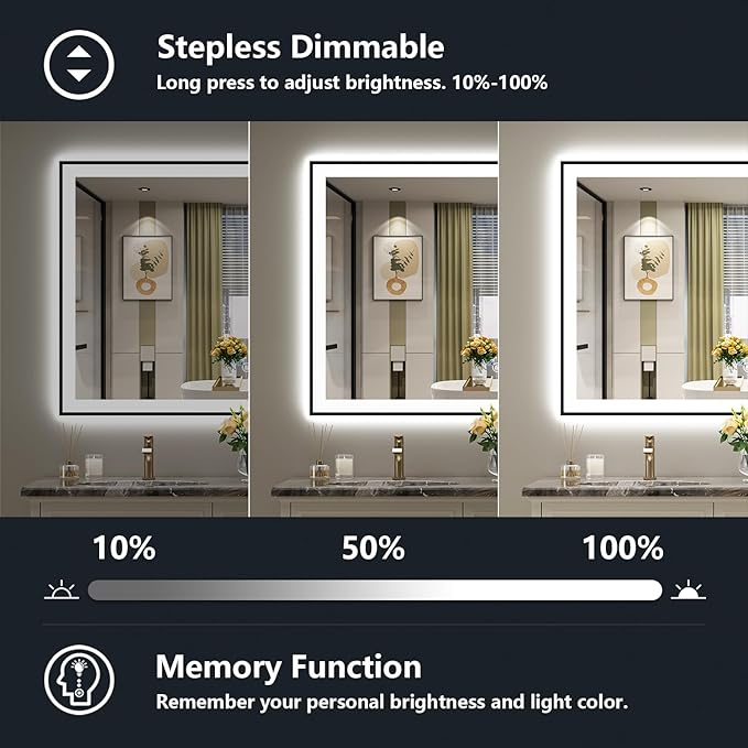 YEELAIT 51x40 Inch LED Bathroom Mirror with Lights (Front Lit and Backlit) Black Framed Lighted Vanity Mirror for Bathroom Wall Dimmable Anti-Fog Memory Tempered Glass Horizontal/Vertical