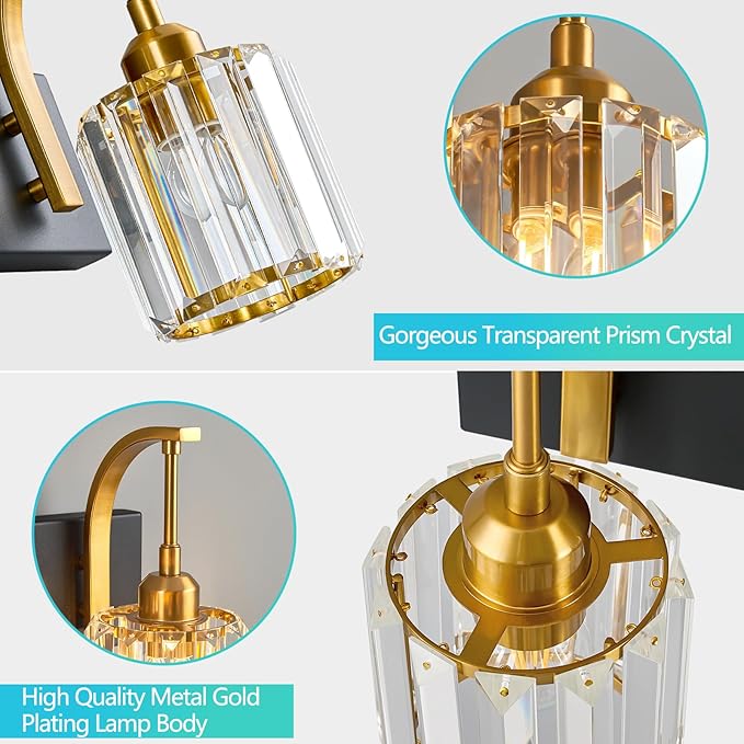 FDPBY 4-Light Crystal Vanity Light, Modern Black Gold Bathroom Wall Sconce with K9 Crystal Shades, 32.67" Long Over Mirror Lighting for Vanity, Makeup, Hallway, Elegant & Easy Install