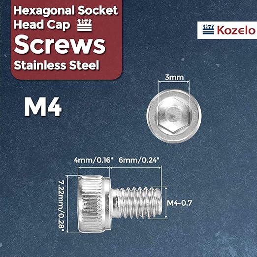 Kozelo 100pcs Socket Head Cap Screws - [M4-0.7 x 6mm] 304 Stainless Steel Allen Socket Drive for Electrical Motor 3D Printing Fan Engine Replacement Use, Silver