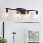 SOPEAS 4 Light Bathroom Vanity Light Fixtures, Black Farmhouse Bathroom Vanity Light with Clear Glass Shade, Bathroom Lighting Fixtures Over Mirror, Vanity Lights for Bathroom Mirror