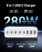 280W USB C Charger Block, 8-Port USB C Charging Station GaN III PD 65W Laptop Charger Adapter Compatible with MacBookPro/Air,DELL,iPad,Portable Charging Station for iPhone,Samsung Galaxy (White)