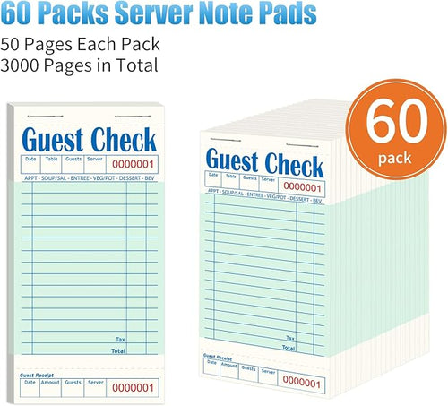 60 Pack/3000 Tickets Guest Checks Books for Servers, Green Server Books for Waitress, Server Note Pads for Restaurants