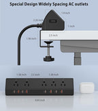 Desk Clamp Power Strip 65W Fast Charging Station,4 PD USB-C,5 Outlets,Nightstand Desk Edge Mount Tower Surge Protector,15 Amp Heavy Duty Power Strip,Fits 1.96" Tabletop Edge (Black, 6 FT Cable)
