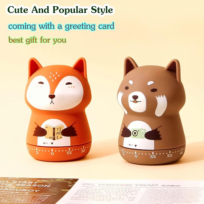 NUOSWEK Mechanical Kitchen Timer, Cute Animal Wind Up 60 Minutes Manual Countdown for Kids, Classroom, Home, Study and Cooking (Orange Fox)