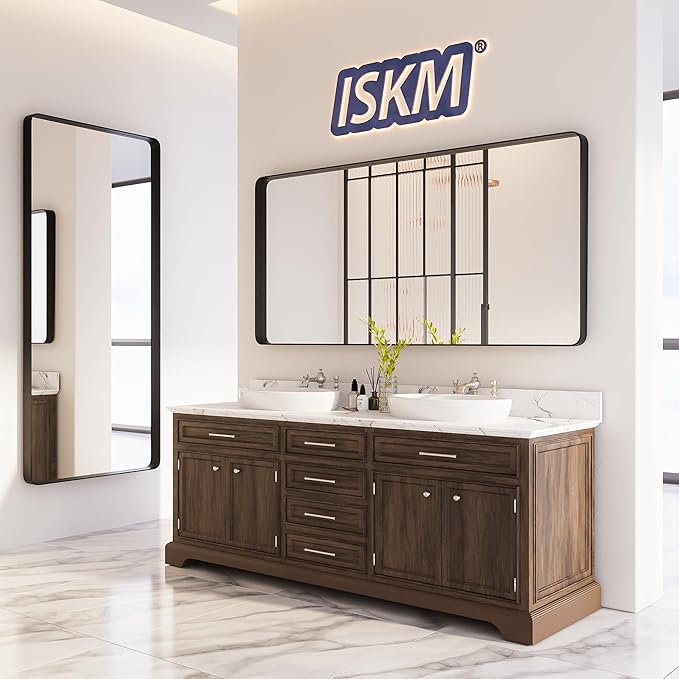 ISKM 30"x 30" Black Framed Bathroom Mirror for Wall, Bathroom Vanity Mirror Anti-Rust, Tempered Glass, Rounded Rectangle Mirror(Horizontal/Vertical)