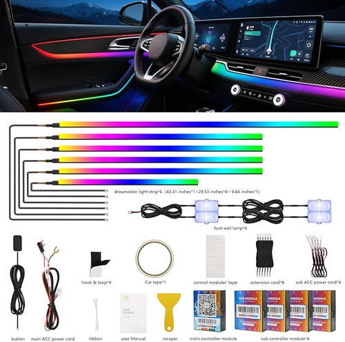 2026 Upgraded Interior Car LED Strip Lights, Acrylic LED Lights for Car Dynamic Dreamcolor Chasing, Dual-Zone Control,Ambient Lighting Kits Music Sync Dreamcolor 10 in 1 with Self-Developed APP