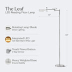 Brightech Leaf Pharmacy LED Reading Lamp, Dimmable Floor Lamp with Easy Adjustable Rotation Over Chair or Desk for Living Room, Work Light for Office, Modern Minimalist Home Decor - Platinum Silver