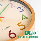 bakbrand Kids Wall Clock Silent Non-Ticking Colorful Childrens Clock Round Decorative Wall Clocks for Classroom, School, Office, Bedroom, Living Room, Kitchen (Bamboo Grain, 12 inch)
