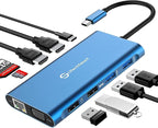 UtechSmart 11 in 1 Docking Station, Triple Monitors USBC Laptop Docking Station with 2 HDMI, VGA, PD3.0, SD TF Card Slot, 4 USB Ports USB-C Adapter Compatible for MacBook & Windows(Blue)