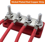 AMOMD 300A PowerBars 4 Terminal Studs (5/16 inch) M8 Nickel Plated Copper Distribution Block Electrical Negative Bus Bars Ground Block with Cover for Trailer Marine Boat Car RV (Red)