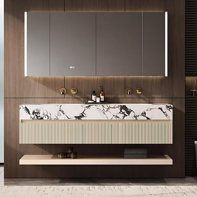 Fashionable Bathroom Vanity with Sink, Smart One-Click Defogging & LED Light, Bathroom Sink and Cabinet with Wave Striped Panel, Rockslab Countertop (Mirror Cabinet, 76IN)
