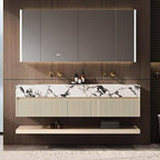 Fashionable Bathroom Vanity with Sink, Smart One-Click Defogging & LED Light, Bathroom Sink and Cabinet with Wave Striped Panel, Rockslab Countertop (Mirror Cabinet, 84IN)