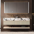 Fashionable Bathroom Vanity with Sink, Smart One-Click Defogging & LED Light, Bathroom Sink and Cabinet with Wave Striped Panel, Rockslab Countertop (Mirror Cabinet, 56IN)