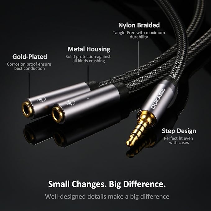 DUKABEL Long Headphone Splitter (4ft / 1.2m) Shielded 4-Pole TRRS 3.5 Y Splitter Cable 2-Way Female to Male Headphone Adapter Stereo Audio/Crystal-Nylon Braided / 24K Gold Plated / 99.99% 4N OFC
