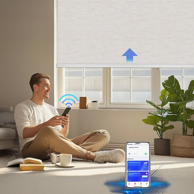 COOLWINDS Motorized Blinds with Remote Cordless Automatic Motorized Shades Custom Blinds for Windows Smart Curtains Compatible with Alexa Google Home(Blackout Linen Sandy Beach,W52 x H72in)