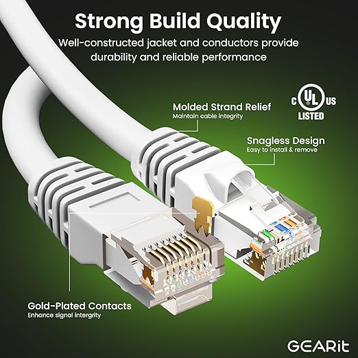 GEARit Cat 6 Ethernet Cable (100-Pack 2 Feet) Cat6 Network Patch, 10Gbps, RJ45, Snagless Cord, Gold-Plated Connectors, Internet for PC, TV, Tablet, Router, Printer, Servers, IT Data Center - White