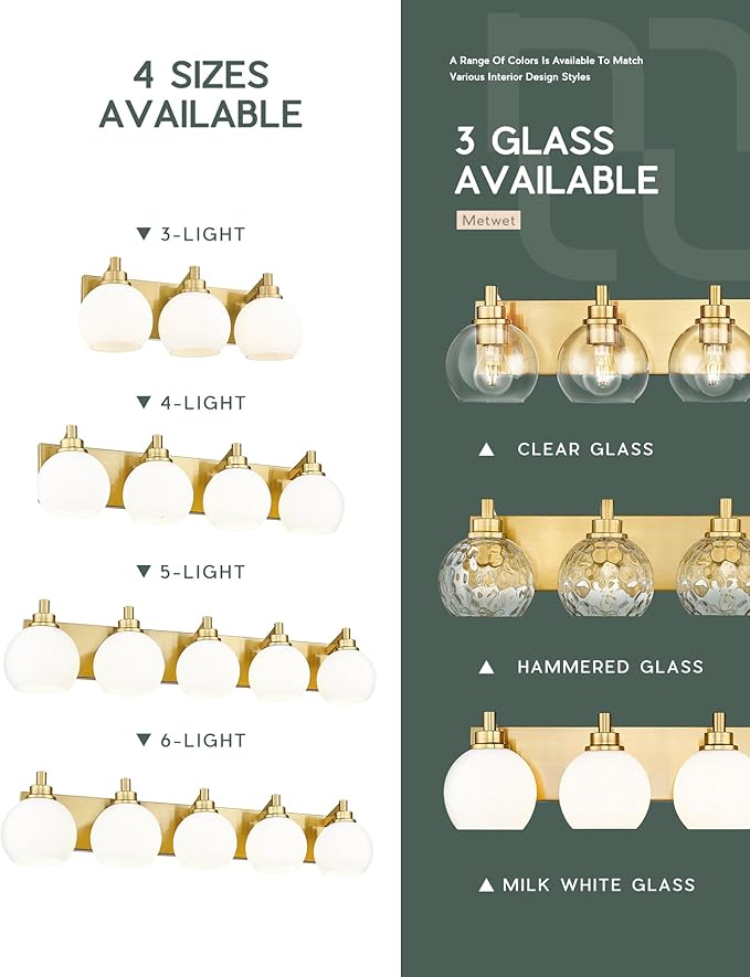METWET Bathroom Light Fixtures, 5-Light Brushed Gold Bathroom Vanity Lights Over Mirror with Globe Milk White Glass Shade, 32 Inch Modern Vanity Lighting Fixtures, VL195-BG-ML-5
