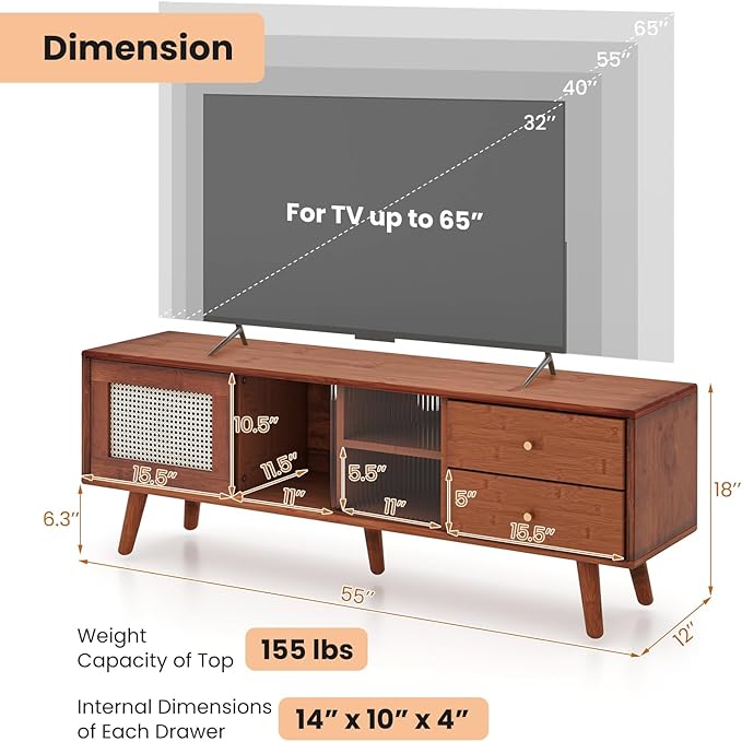 Giantex Mid Century Modern TV Stand for TVs up to 65", Wood Entertainment Center with Open Storage Shelves, PE Rattan Sliding Doors & Drawers, Media TV Console Table for Living Room (Walnut)