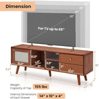 Giantex Mid Century Modern TV Stand for TVs up to 65", Wood Entertainment Center with Open Storage Shelves, PE Rattan Sliding Doors & Drawers, Media TV Console Table for Living Room (Walnut)