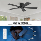 WINGBO 54" Flush Mount DC Ceiling Fans Without Lights, 5 Carved Solid Wood Blades, 6-Speed Reversible DC Motor, Low Profile Hugger Ceiling Fan No Lights for Living Room Bedroom Patio, Matte Black