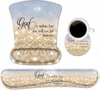 Keyboard Wrist Rest and Mouse Pad Wrist Support Set with Cute Coasters, Non-Slip PU Base Ergonomic Gaming Mousepad for Home Office Working Studying Easy Typing & Pain Relief, Bible Verses Psalm 46:5