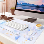 MOSISO Desk Pad Mat Keyboard Mouse Pad Set, Large Gaming Mouse Pad&Keyboard Wrist Rest&Mouse Pad with Wrist Rest&Coaster, Ink Petals Ergonomic Non-Slip Mousepad with Memory Foam for Home Office,Blue