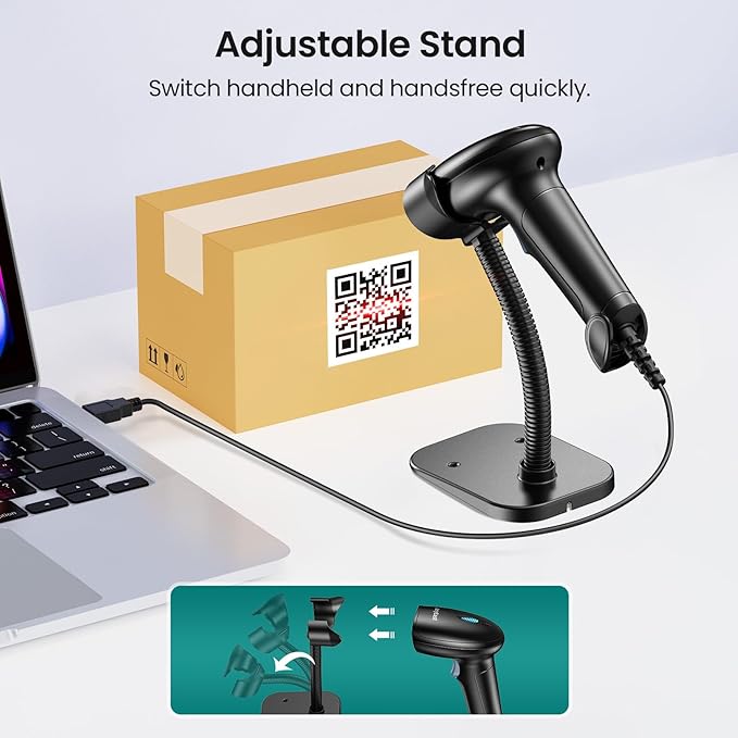 Anyeast 2D 1D Barcode Scanner : USB Wired Inventory QR Scanner with Stand for Computer POS MAC with Automatic Scanning, Handheld CMOS Image Bar Code Reader for Warehouse Library Supermarket