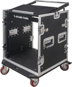 Sound Town Enhanced 1/2" (12mm) Plywood 12U PA DJ Rack/Road Case with 11U Slant Mixer Top, 20’’ Rackable Depth, DJ Work Table and Casters, 12-Space ATA Case, Pro Tour Grade (STMR-S12UWT)