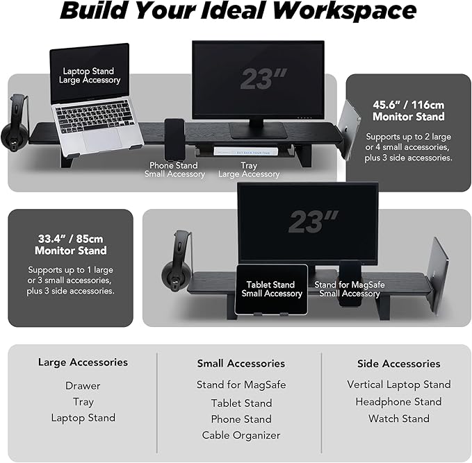ULTRARM Moodular Wooden Monitor Stand 45.6” (116cm) Large Desk Organizer with Metal Slide Rails for Drawer, Tray, Laptop, Tablet, Phone & Headphones Customizable Riser for Organized Workspace Black