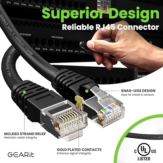 GEARit Cat 6 Ethernet Cable Pack - 10-Pack 5 ft Cat6 Ethernet Patch Cables | RJ45 Network Patch Cable, 10 Gbps Snagless Gold-Plated Connectors - Ethernet Cable Cat 6 for PC, TV, Router - Black