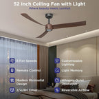 ocioc Ceiling Fans with Lights and Remote, 52 Inch Modern Ceiling Fan with Quiet Reversible DC Motor,Dimmable LED,6 Speeds,Timer, Ceiling Fan for Bedroom,Dining Room(Dark Walnut Finish)