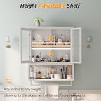 Bathroom Wall Cabinet with 2 Glass Door, Bathroom Medicine Cabinet with Towels Bar and Shelves, Over The Toilet Storage Cabinet, Metal Wall Mounted Cabinet for Kitchen (Upgraded White)