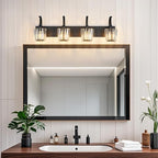 FDPBY Modern Bathroom Vanity Light, 4-Light Black Wall Sconce with Crystal Accents, Over Mirror Bathroom Lighting Fixture, 32.67" Long Dimmable Vanity Lamp for Makeup, Easy Installation