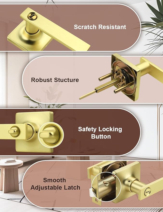 Mengico 2 Pack Gold Privacy Lever Door Handle Interior with Lock, Heavy Duty Square Door Lock for Bed/Bath, Keyless Door Locksets, Reversible for Left Right Handed Doors