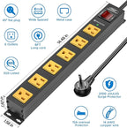 CRST 6 Outlet Surge Protector Power Strip 2100J with Switch, 15A/1875W Metal Heavy Duty Power Strip, Wide Spaced Wall Mount Power Bar for Garage Workshop Home School, 6 FT Cord（ Black+Yellow）