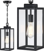 15'' Outdoor Pendant Light, Modern Outside Chandelier Outdoor Hanging Lantern Light, Matte Black with Clear Glass, Exterior Pendant Lighting Fixture Ceiling Mount for Porch, Entryway, Gazebo, 1Pack