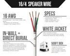 Voltive 16/4 Speaker Wire, in-Wall CL3 & Direct Burial, White, 500ft - 16AWG, 4 Conductors, Stranded Oxygen-Free Copper, UL Listed - V-1211-6