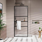 Goodyo 34" x 72" Shower Door Tempered Glass Shower Screen with Tool Bar Towel Rack for Walk in Bathroom 3-Grid Style