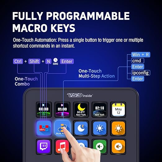VSDINSIDE Macro Keypad, Stream Controller Deck Gaming Streaming Shortcut Keyboard, 18 Programmable Keys Customizable Visual AI Pad USB Soundboard for OBS, YouTube, Desk Office Setup, Laptop, PC, Mac