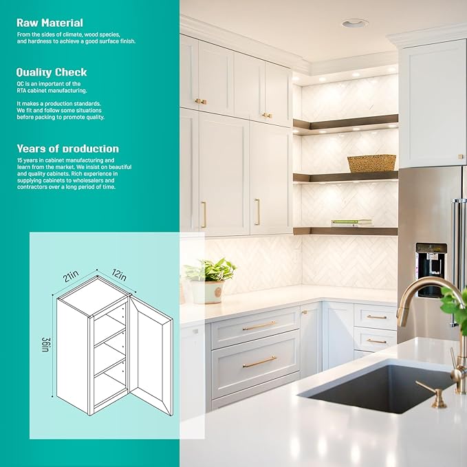 Wall Kitchen Cabinets, RTA Cabinets, White Shaker Cabinet, Wall Mounted, RTA Upper Cabinet, Modern for Kitchen and Bathroom with Door (White, 21" W x 36" H x 12" D)
