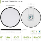 ASD LED 12" Round Flush Mount Ceiling Light Fixture, Low Profile Surface Lighting | 5CCT, Dimmable, Ultra-Thin, ETL Listed | 24W 1900LM 2700-6000K 120V | Kitchen, Hallway Lamp | Black, 12 Pack