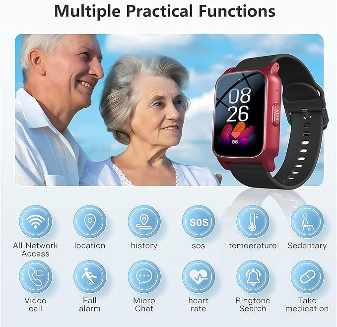 Elderly Fall Watch, Smart Watch for Men Women Wtih Sos Call and Health Monitoring, Ip67 Waterproof, Emergency Call Bracelet, for Seniors & Adults, Christmas and Birthday Gifts, 4G Safety(Black)