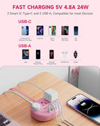 Pink Extension Cord - 10 FT Flat Extension Cord, 1625W Cute Extension Cord with 3 AC Outlet 4 USB (24W/4.8A), Compact for Cute Pink Kawaii Desk Home Essentials
