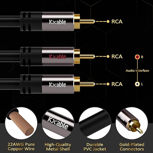 Kxable RCA Y-Adapter Splitter Cable 75 Feet, 1 RCA Male to 2 RCA Male Stereo Audio Subwoofer Cable, Bi-Directional, for Home Theater, Hi-Fi System, Amplifier, Speaker, 24K Gold Plated, OD:5.0MM