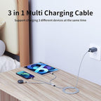 Firsting Multi Charging Cable(2Pack 4FT), 3 in 1 Charging Cable Nylon Braided Universal Charger Phone Charger Cord with Type-C,Micro USB,IP Port for iPhone16/15 Series/Phone&Pad-Blue+Gray