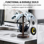 MyGift Industrial Matte Black Metal Headphone Stand with Burnt Wood Tray – Desktop Headset and Gaming Controller Holder for Office, Studio, or Console Setup