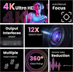 All-in-One PTZ 4K Conference Room Camera System with Bluetooth Speakerphone 12X Optical Zoom HDMI Wide View Angle Lens Works with Zoom Webex for Large Meeting Room