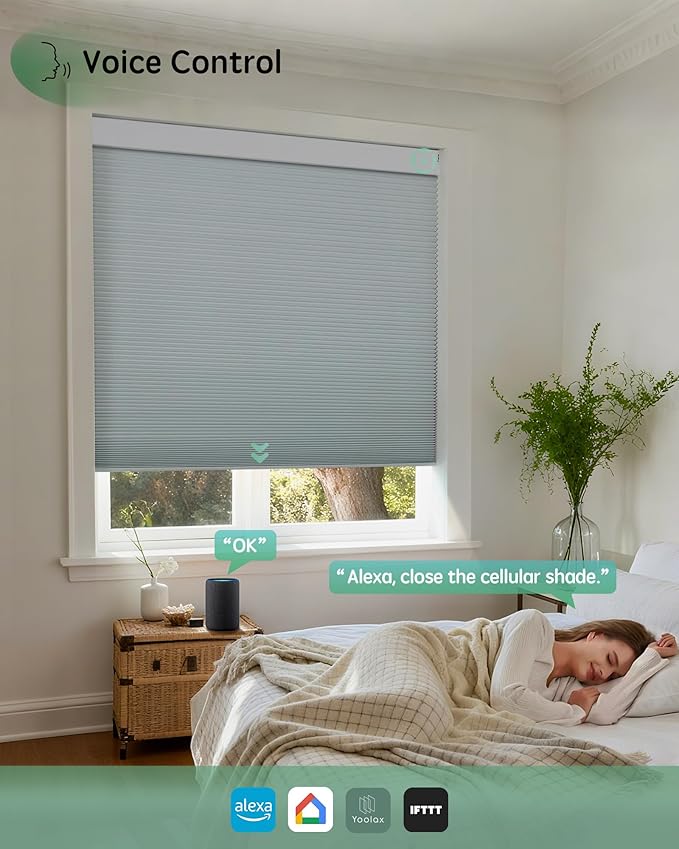 Yoolax Smart Blinds, Motorized Cellular Shades Compatible with Alexa, Blackout Electric Blinds with Remote for Indoor Windows, Automatic Energy Saving Honeycomb Shades, White, 31" W x 72" H